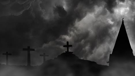 church building and cross pillars silhouetted against thunderstorm background 4k