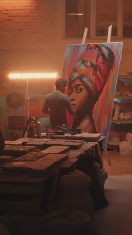 artist painting a portrait of an african woman in a vibrant studio