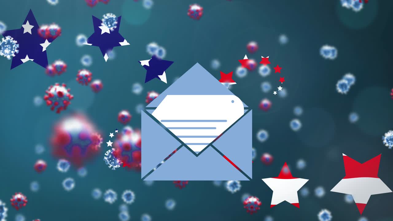 파란색 배경의 미국 국기 별에 대한 봉투 아이콘과 코로나19 세포