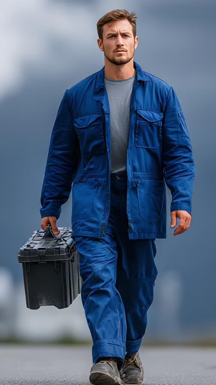 Een vastberaden persoon in een blauw werkuniform loopt vol vertrouwen met een gereedschapskist in de hand en belichaamt professionaliteit en paraatheid voor elke taak die voor hem ligt