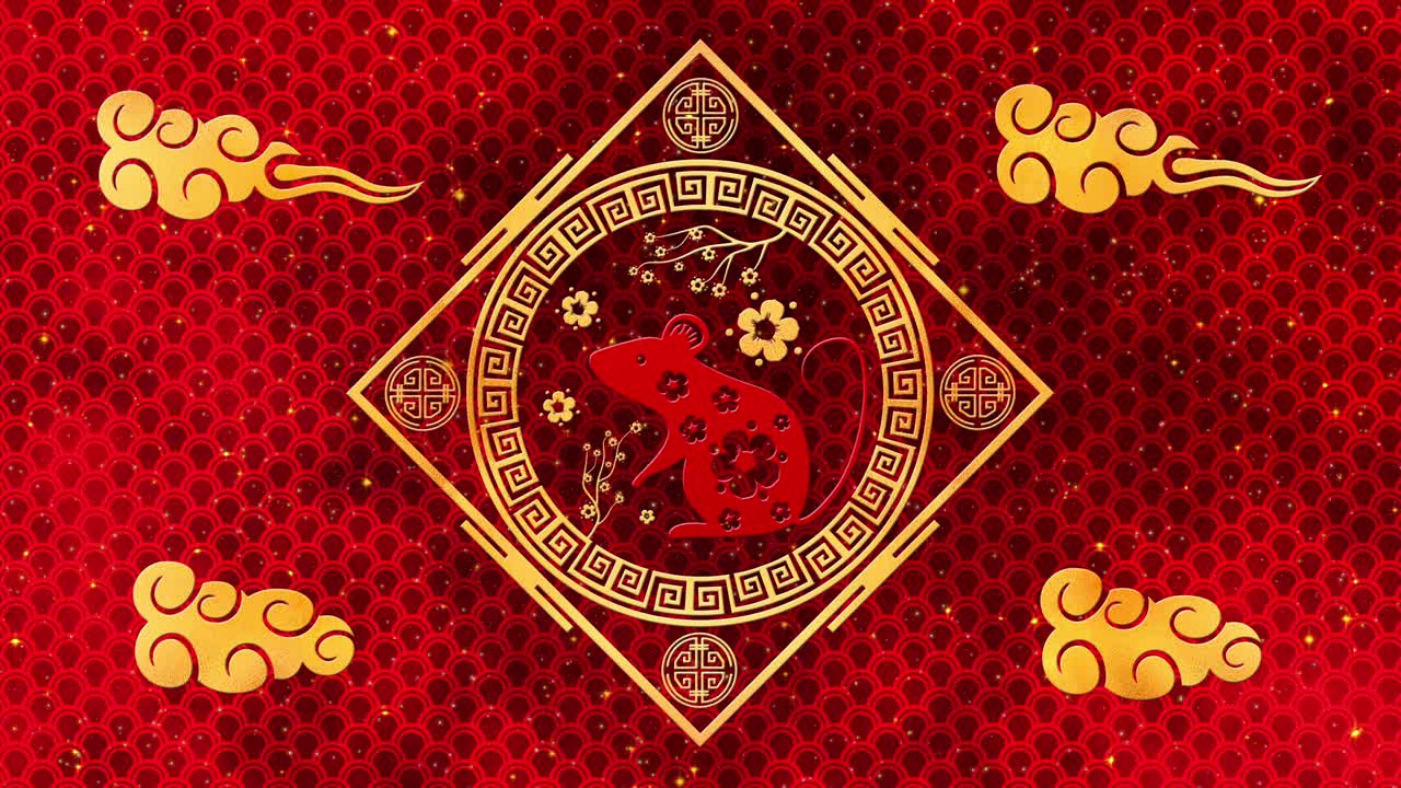 año nuevo lunar, fondo del festival de primavera con rata dorada, estrellas brillantes y nubes. animación del año nuevo chino para el evento de vacaciones. renderización 3d de bucle sin costuras 4k video