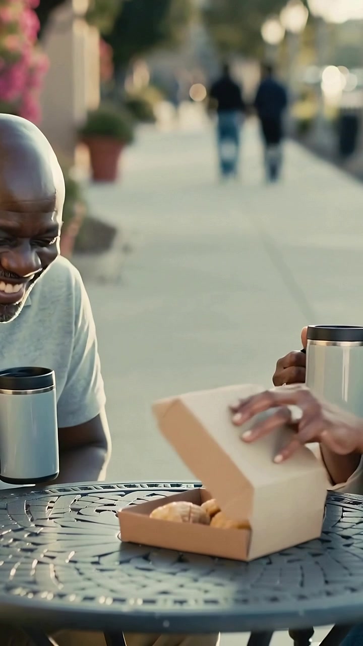 Vertical video: Opening lid, right friend revealing pastry box on sidewalk to share