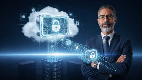 a professional looking towards the future of cybersecurity, showcasing cloud technology and data protection with digital locks and network connections