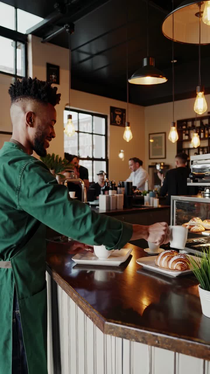 Warm, inviting cafe scene captured at eye level, featuring a barista preparing coffee