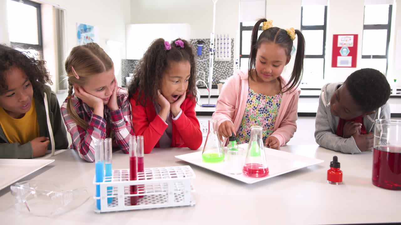 In school science lab, diverse children experimenting with colorful liquids, feeling amazed