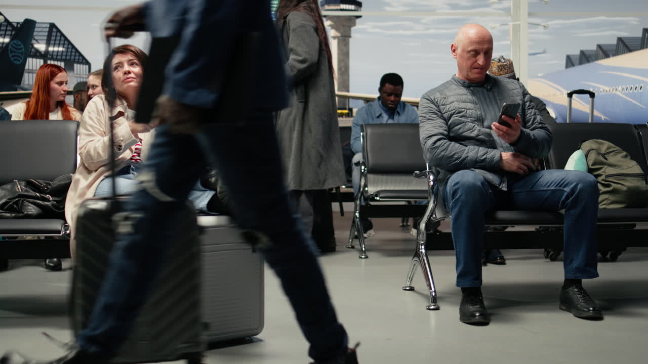 Texting friends, smartphone and smiling woman in airport