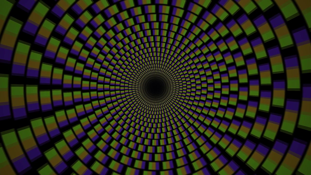 Tunnel rotante astratto di rettangoli geometrici in viola e verde