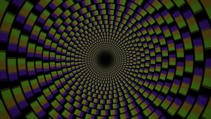 Abstract Rotating Tunnel of Geometric Rectangles in Purple and Green