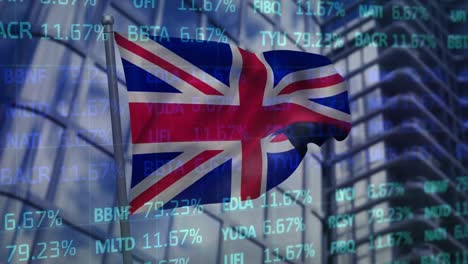 Animation-of-stock-market-data-processing-over-waving-uk-flag-against-tall-buildings