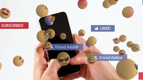 animación de iconos de redes sociales y emojis que caen sobre una persona que usa un teléfono inteligente