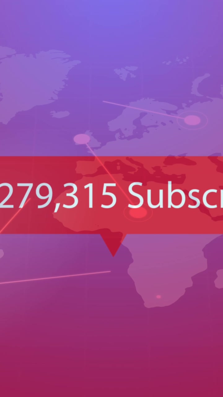 Animation of play icon with increasing subscribers over world map against purple gradient background