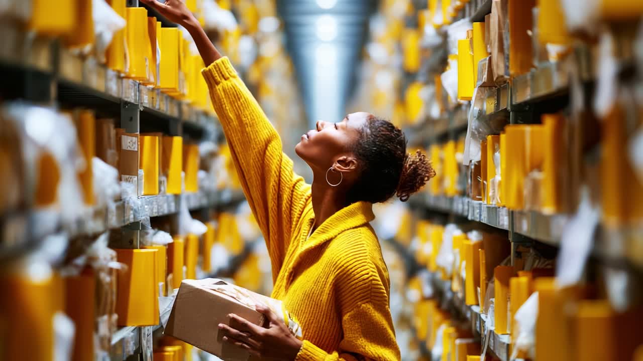 A focused young woman in a cozy yellow sweater carefully organizes packages in a vibrant warehouse filled with neatly stacked yellow boxes under bright lighting