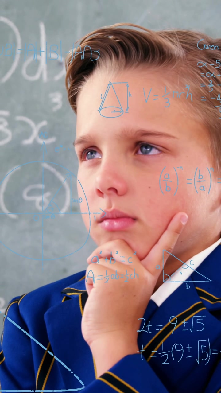 Animation of math formulas over thoughtful caucasian boy over blackboard
