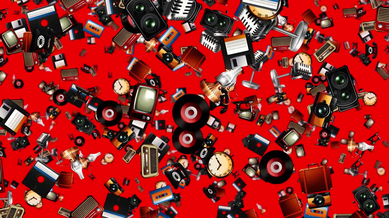 Elettronica vintage e oggetti analogici cadono continuamente su uno sfondo rosso vibrante in stile collage