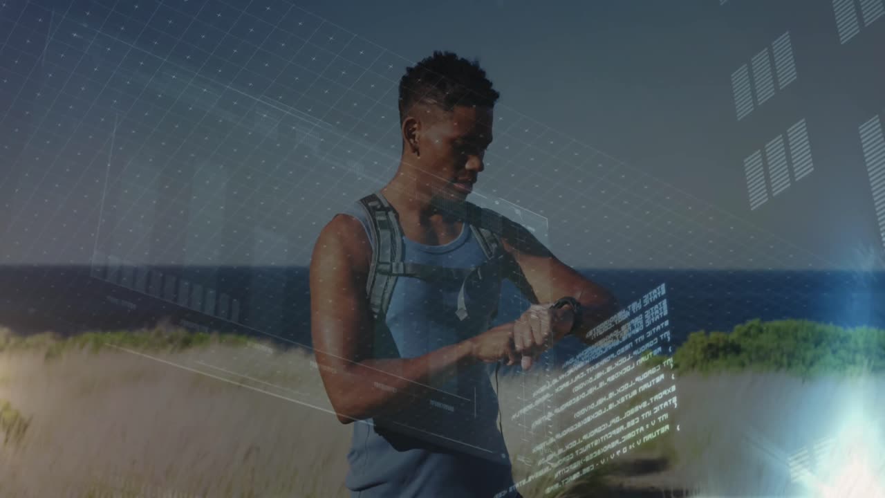 Animation of data processing over african american man with smartwatch