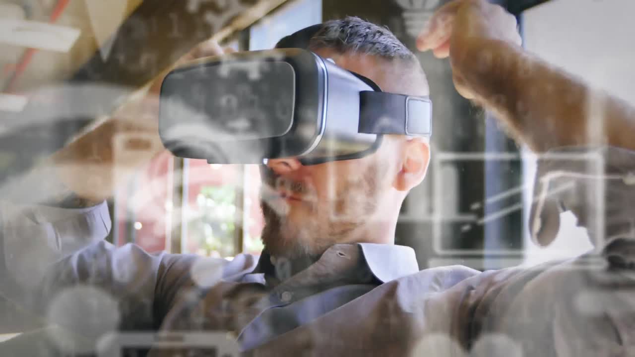 Animation of data processing and social media icons over caucasian man wearing vr headset