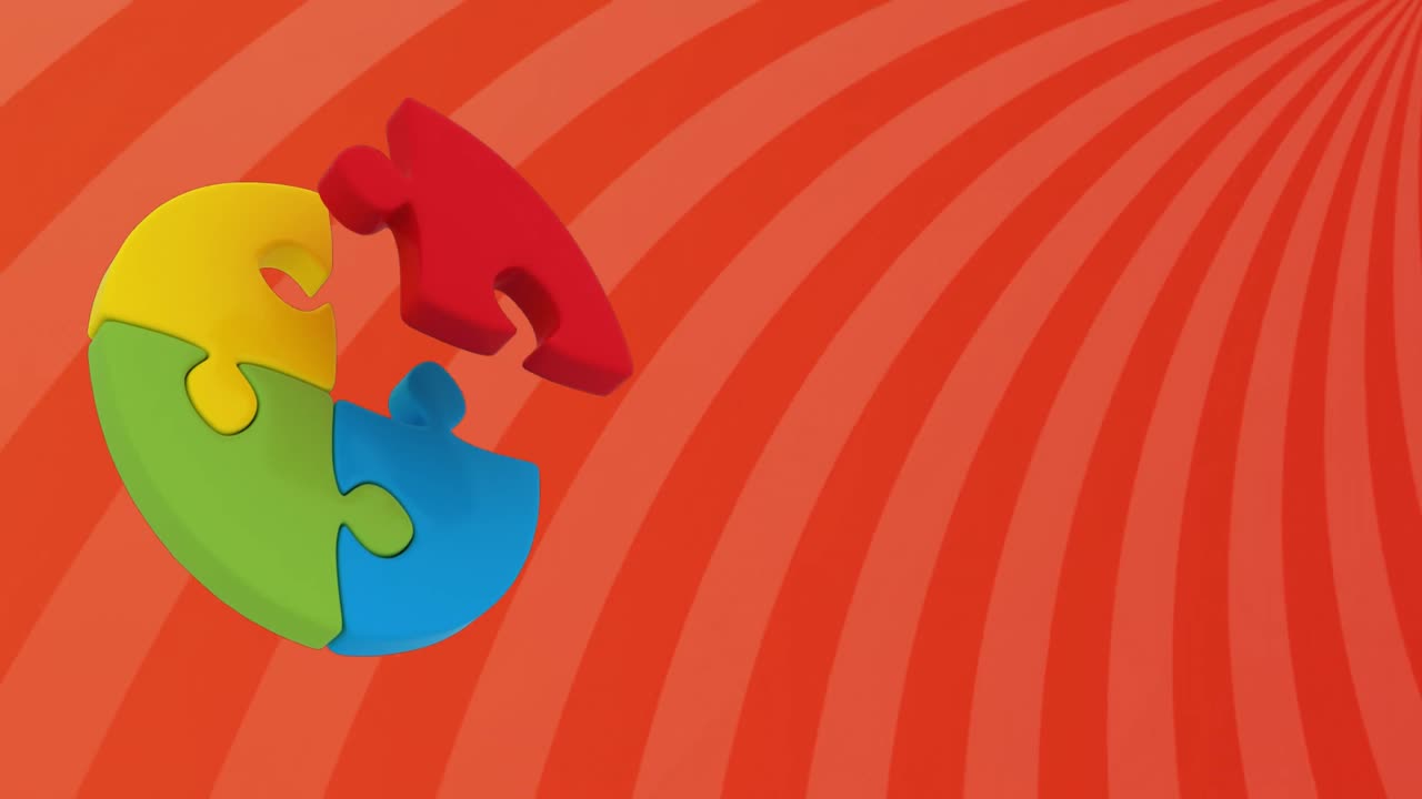 animación de piezas de rompecabezas sobre rayas rojas giratorias de fondo
