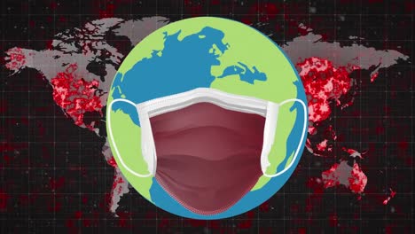 Animación-Del-Globo-Terráqueo-Con-Mascarilla-Sobre-El-Mapa-Mundial