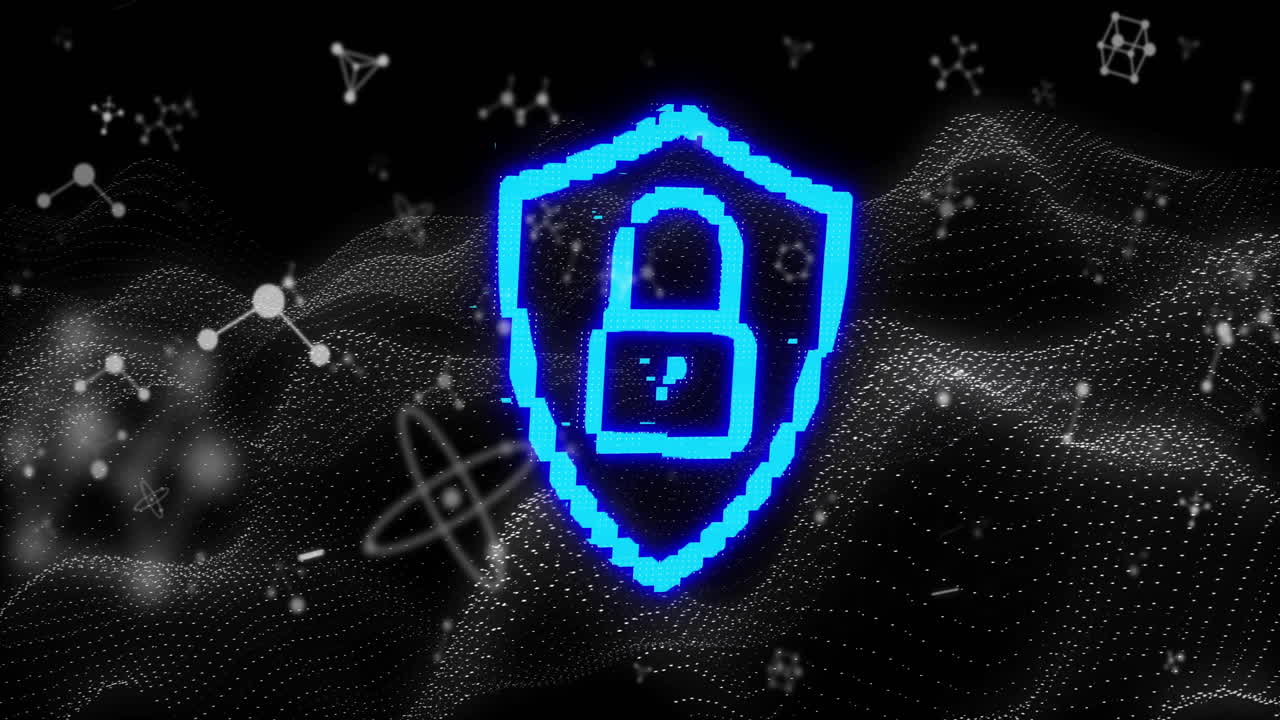 animazione dell'icona del lucchetto e delle molecole su onde su sfondo nero