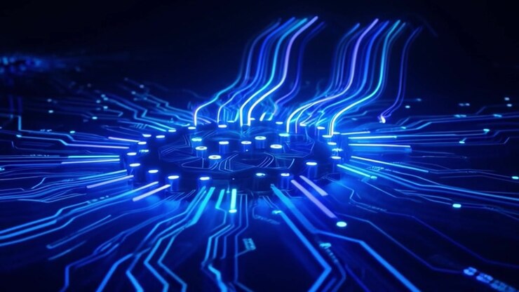 Circuito stampato digitale con flussi di dati blu luminosi