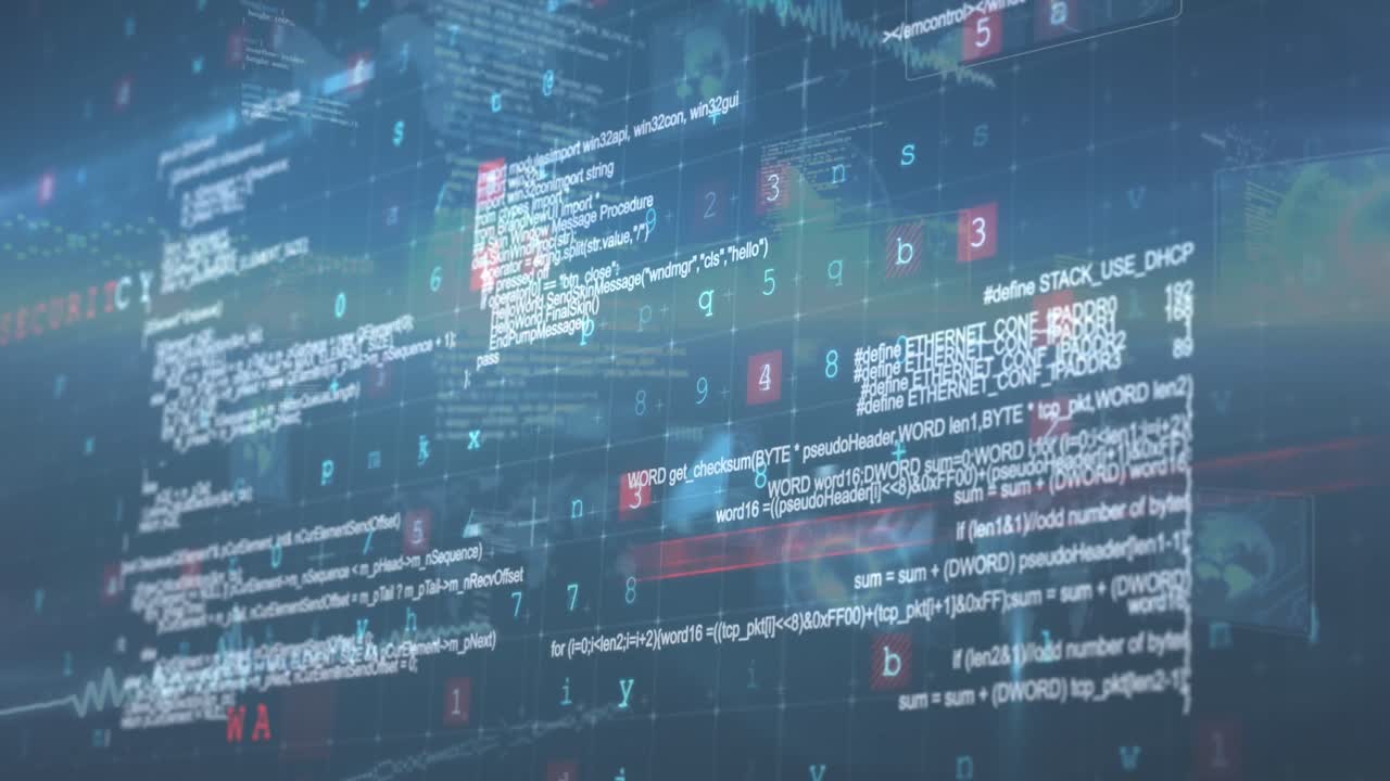 Animation of interface screens with moving text information and security alert over dark background