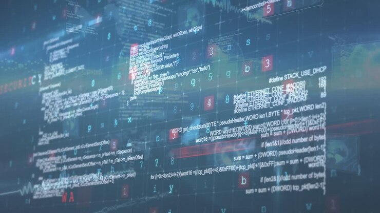 Animazione di schermi di interfaccia con informazioni testuali in movimento e avviso di sicurezza su sfondo scuro