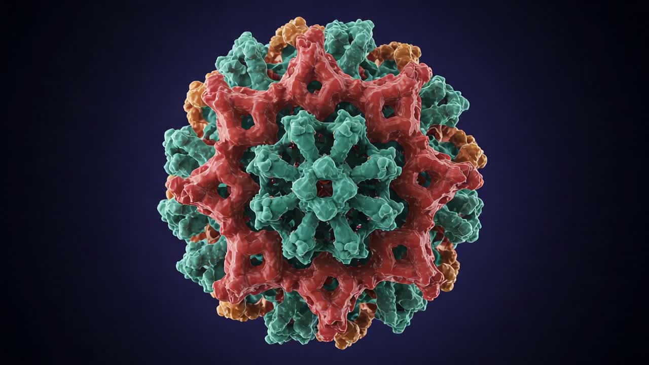A Stunning 3D Representation of a Complex Viral Structure Showcasing Intricate Protein Assemblies and Colorful Morphology in Microscopic Detail