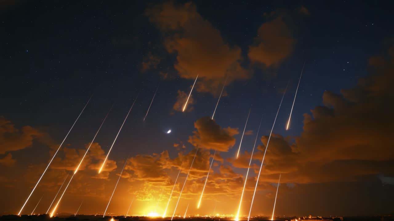 Et fantastisk skue av meteorsvermer lyser opp nattehimmelen, og fanger den majestetiske skjønnheten av himmelfenomener mot en skumringshorisont.