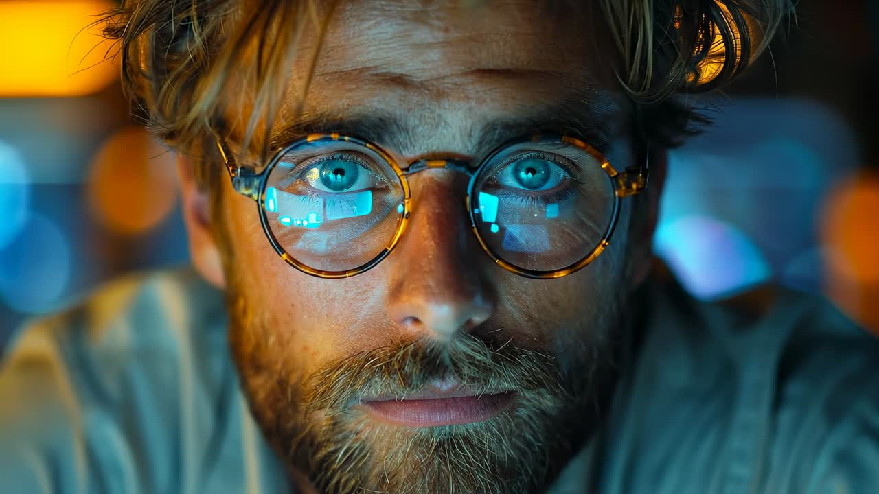 Man in glasses at computer. A man sits in front of a computer screen, focused on his work
