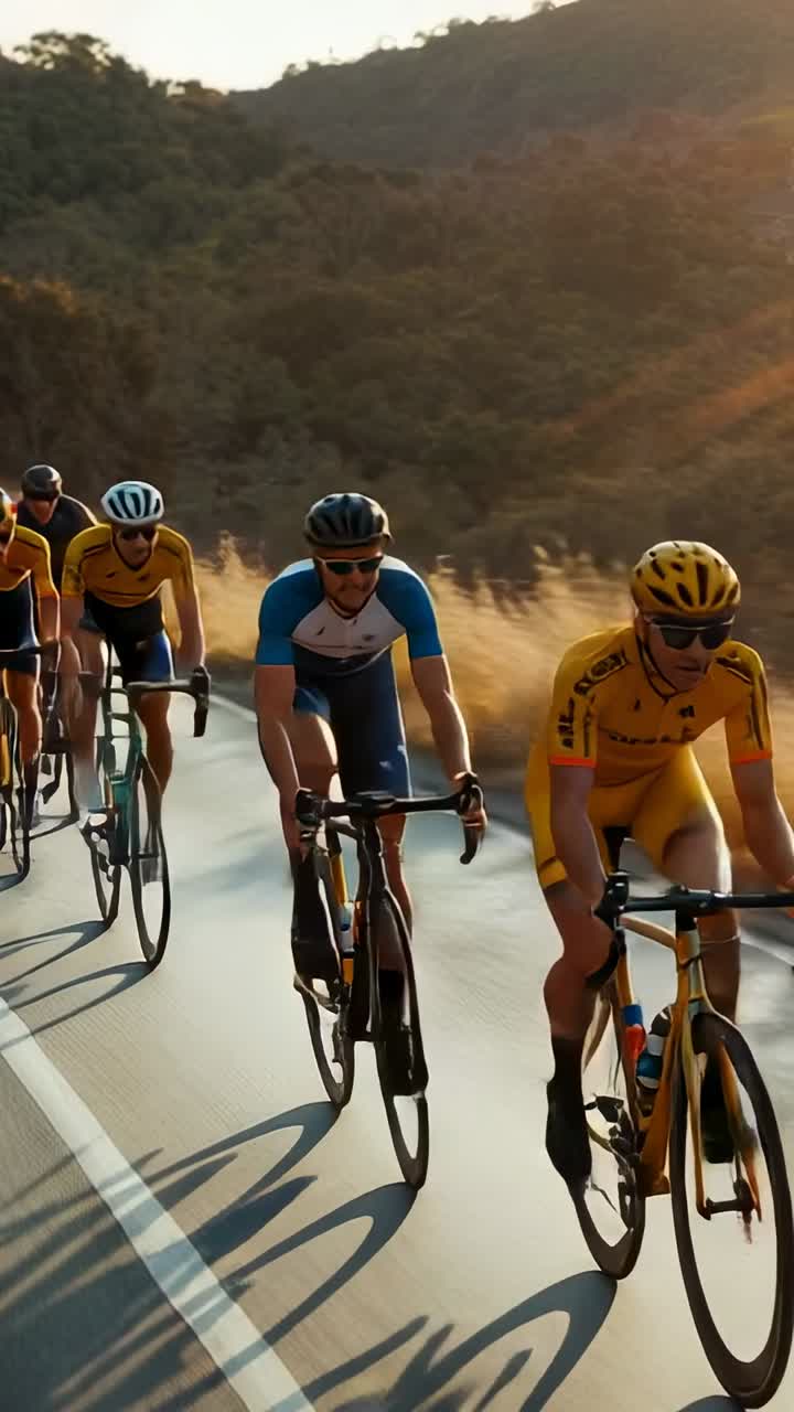 Vertical video: Exiting bend lead rider in yellow kit pulling peloton along country road for team