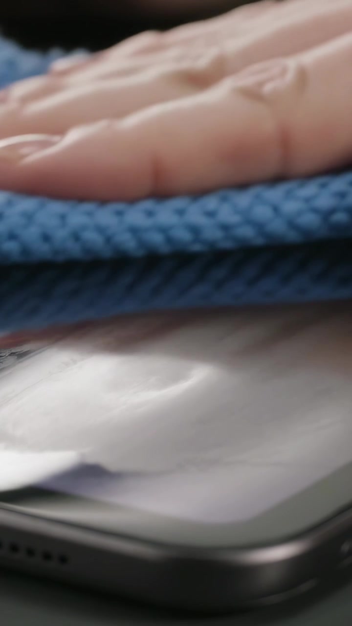Vertical video: Wiping bare hand removing smudges from phone on desk with blue cloth, tissue nearby