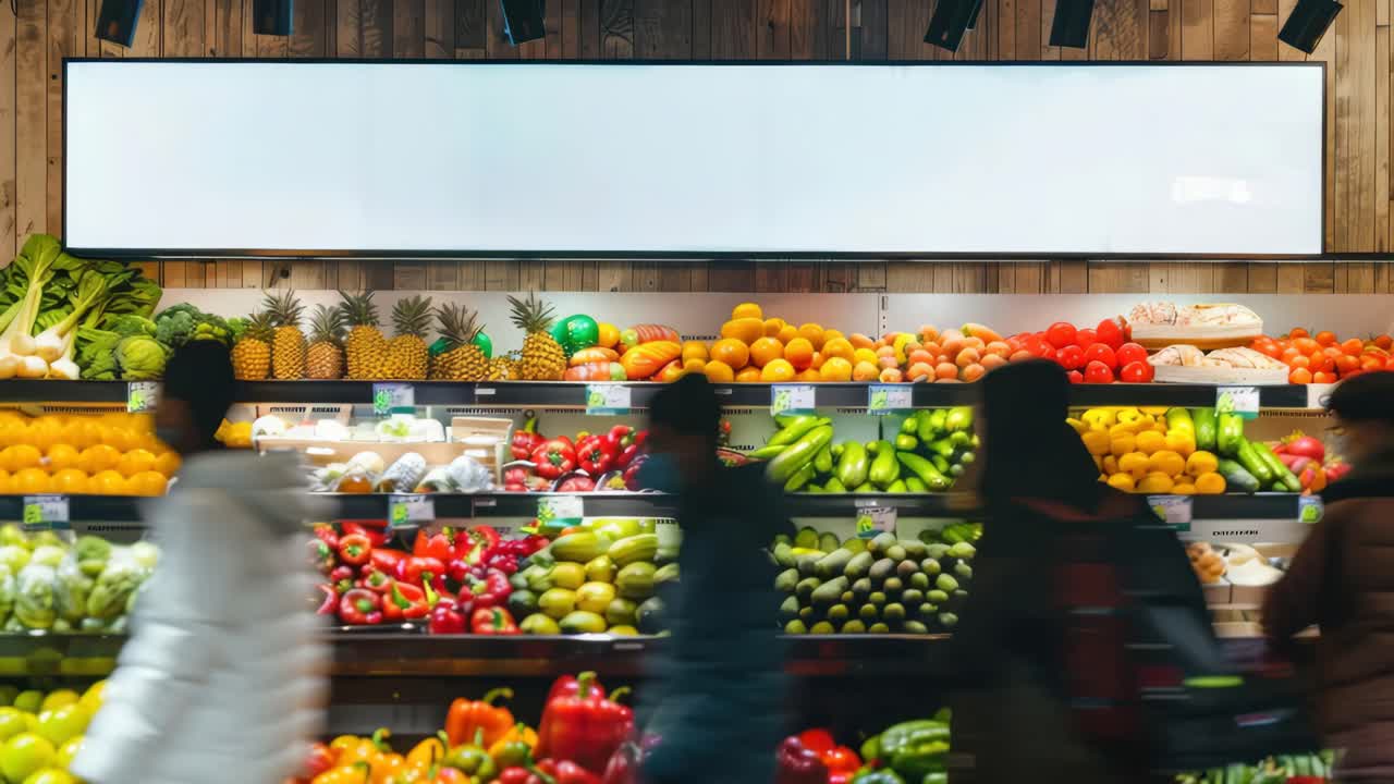 Wide-angle video frame of a vibrant supermarket produce section, showcasing colorful fruits