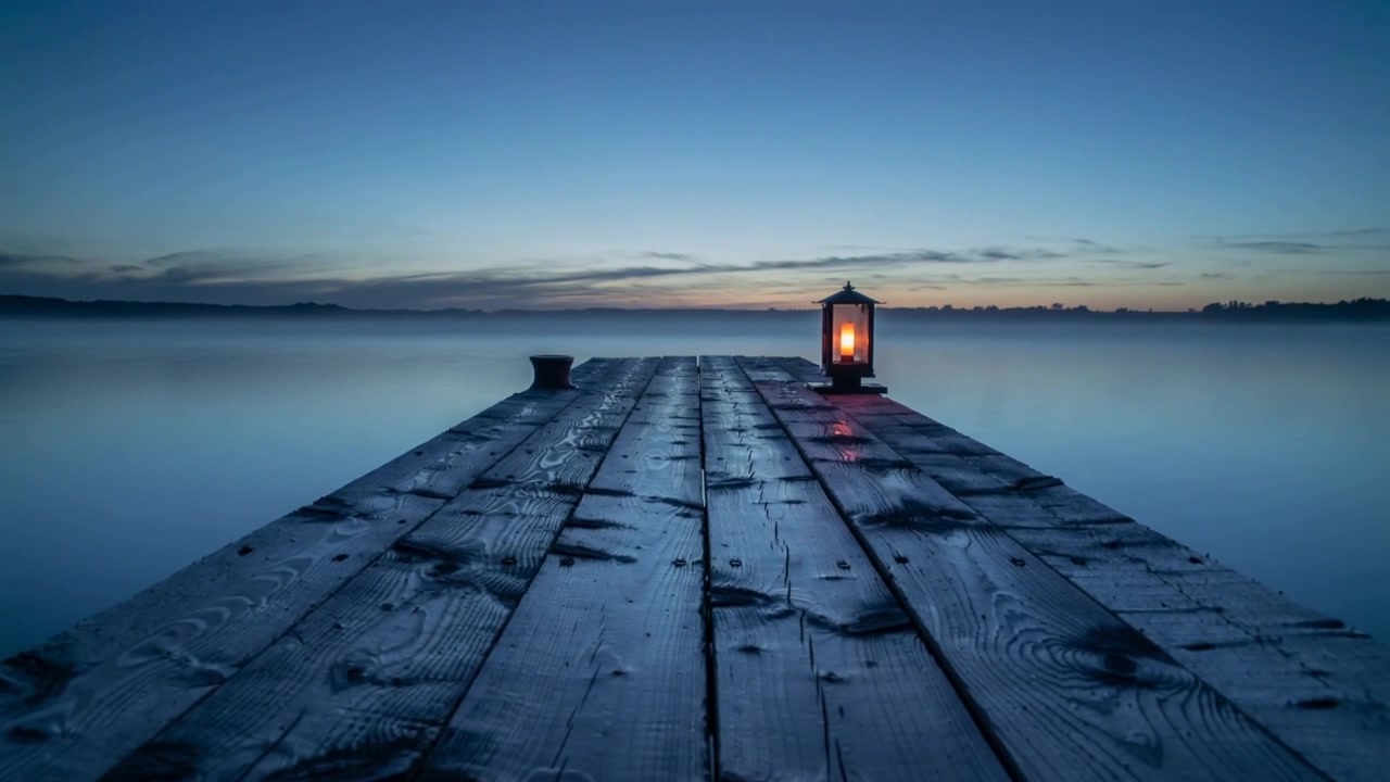 Panning camera capturing wet wooden pier reaching calm lake at dusk, highlighting lantern glow