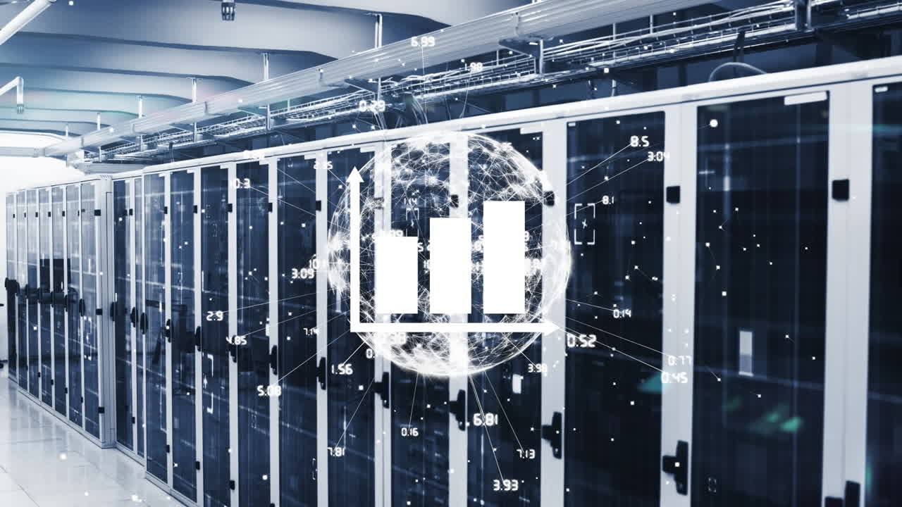 Animation of globe and data processing over computer servers