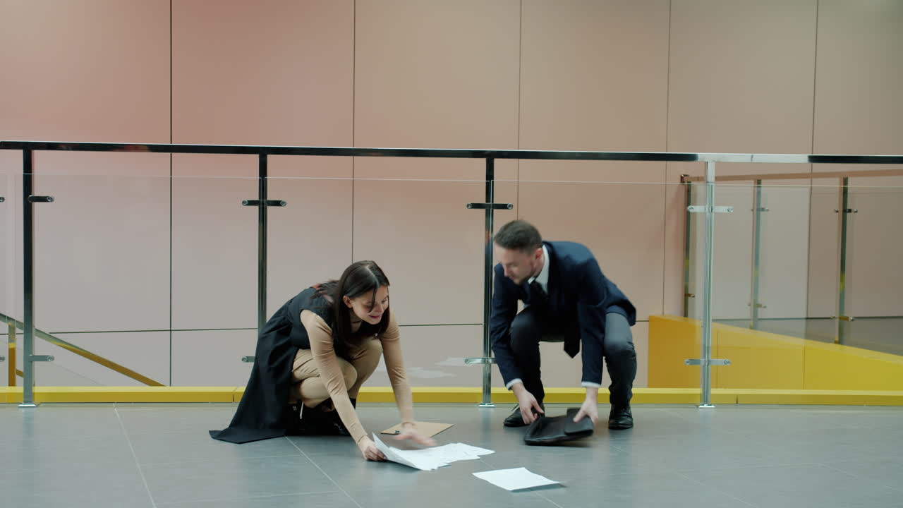 Businesspeople Discussing Documents in an Office Corridor