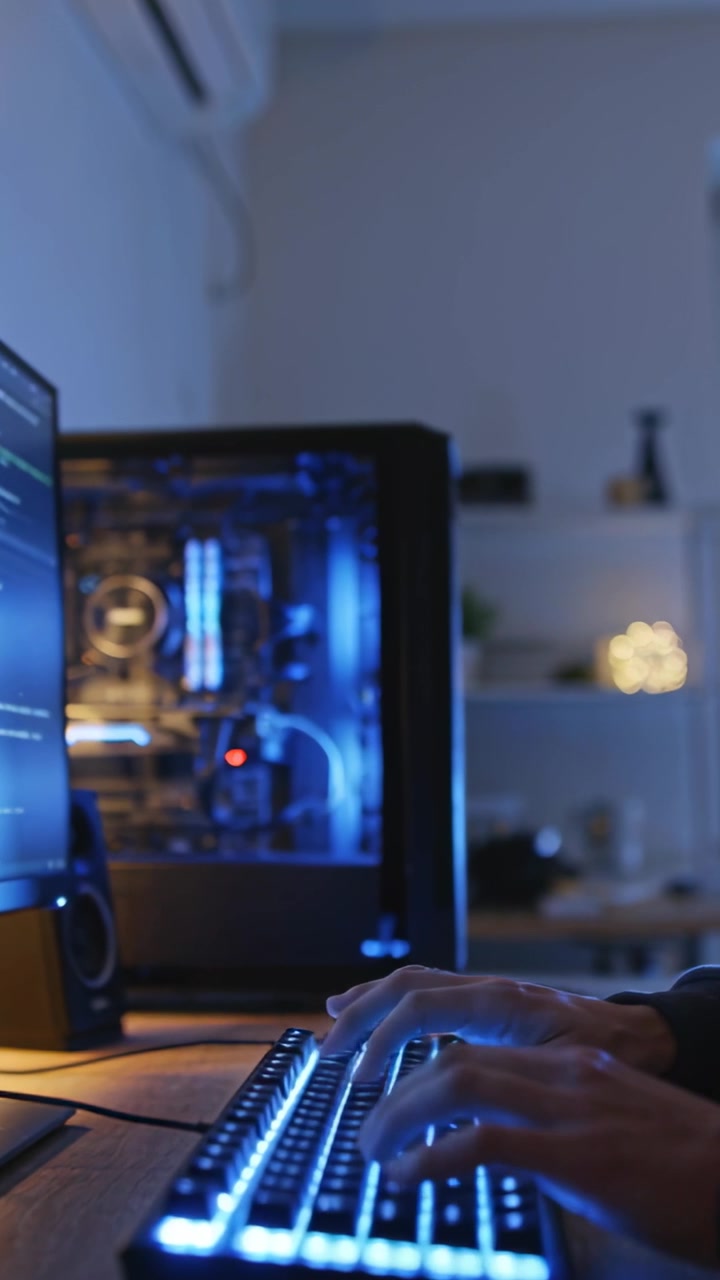 Video verticale: Mani di un programmatore con maniche scure che digitano e leggono il codice sul monitor a casa, con una tastiera LED.