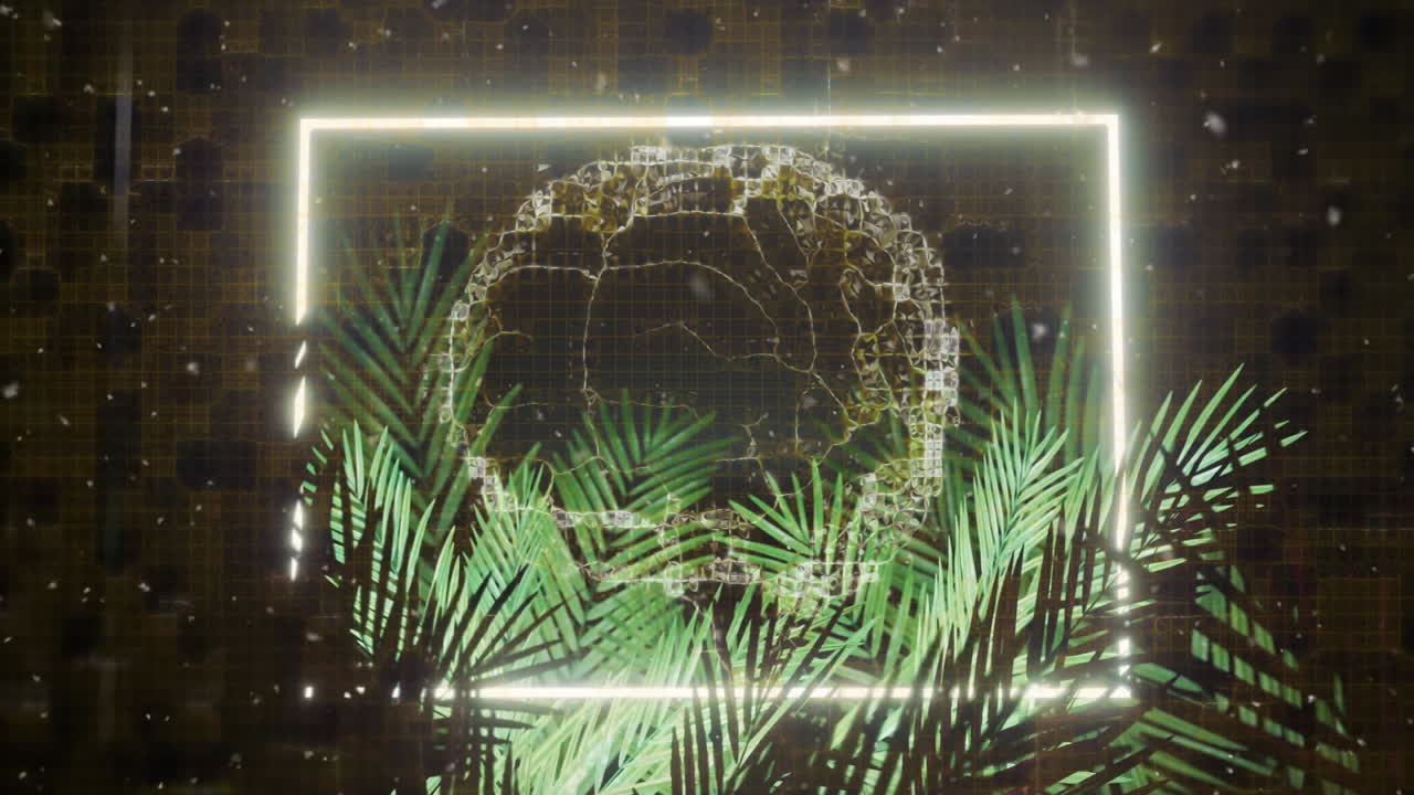 Animation of skull with palm leaves and glowing frame on dark background