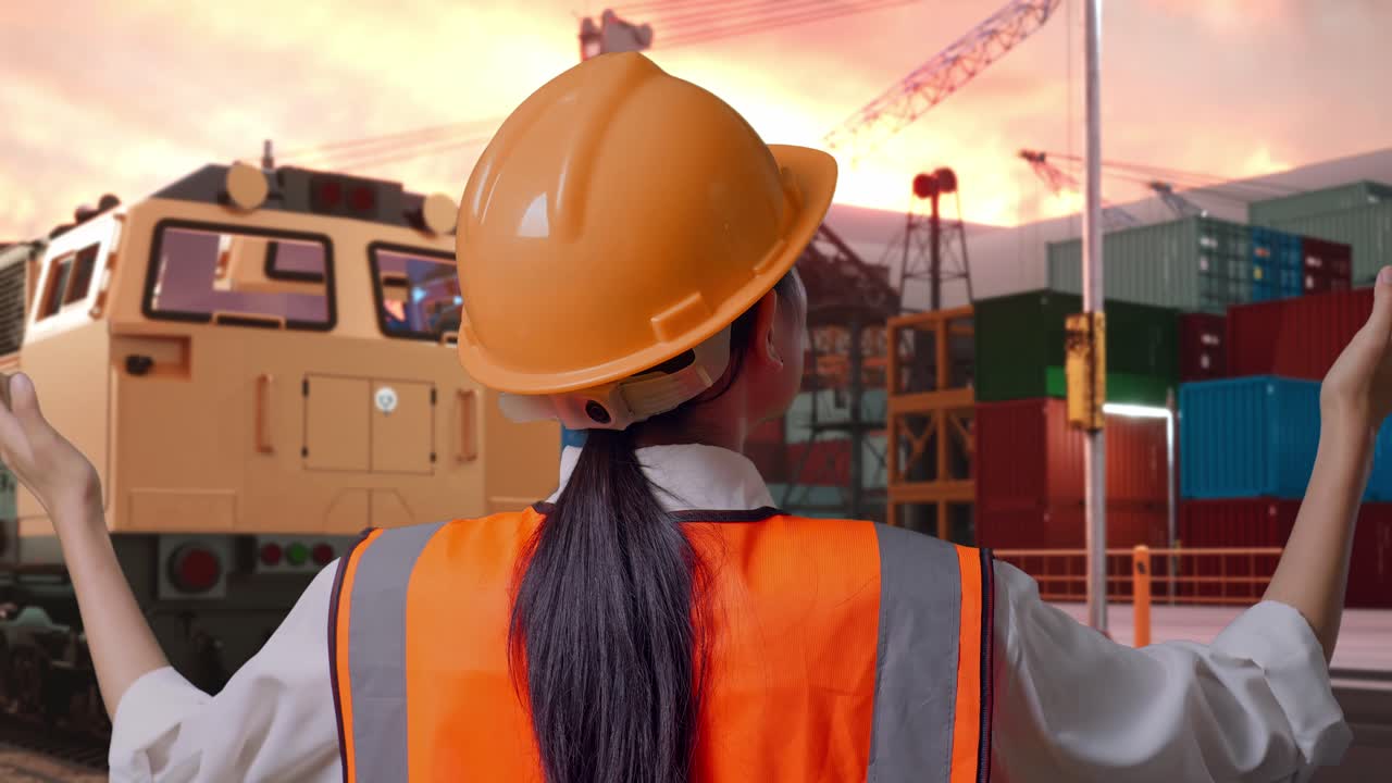 Close Up Back View Of A Female Engineer With Safety Helmet Spreading Arms With Freight Cargo Train At Port
