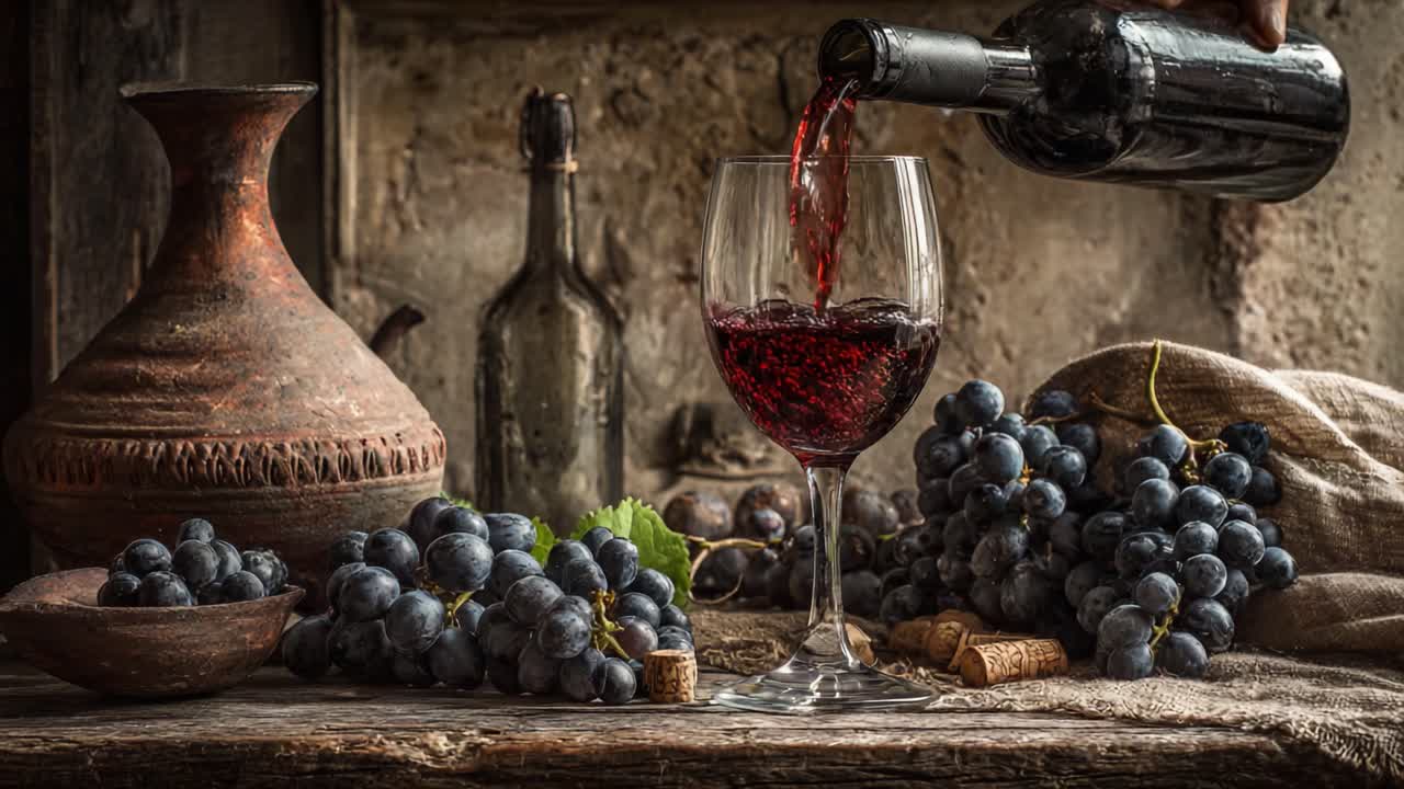 Bodegón rústico con vino vertiéndose de una botella a una copa, rodeado de uvas frescas y una vasija de barro, capturando la esencia de la elaboración tradicional del vino