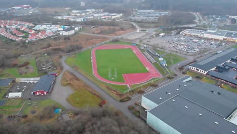 aerial - angeredsvallen sports field in angered, gothenburg, sweden, wide shot