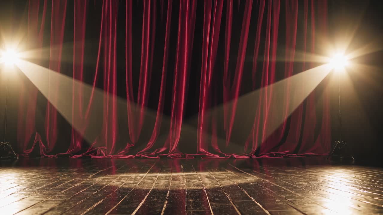 Low-angle video shot of a theater stage with red curtains and dramatic lighting, creating a classic