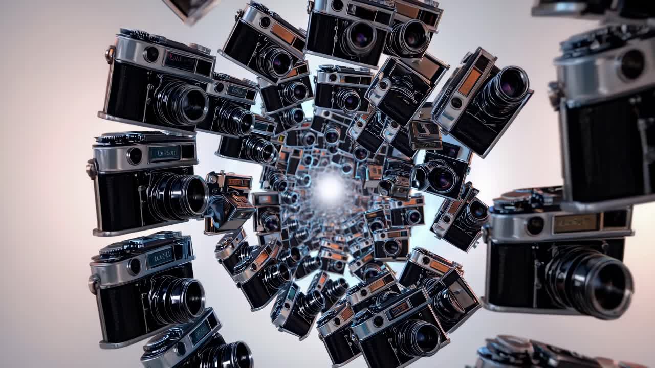 Mesmerizing swirl of vintage cameras creates a captivating visual, evoking a sense of nostalgia and artistic expression, with a bright light at the end of the tunnel