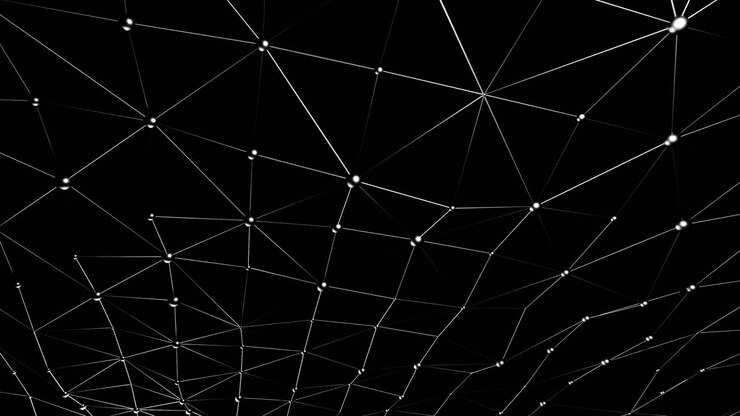Griglia di rete digitale astratta con sfere e linee in movimento