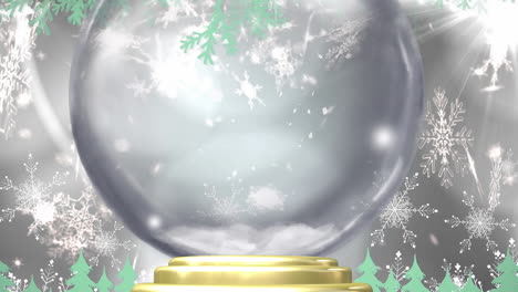 animation of christmas snow globe with snow falling on grey background