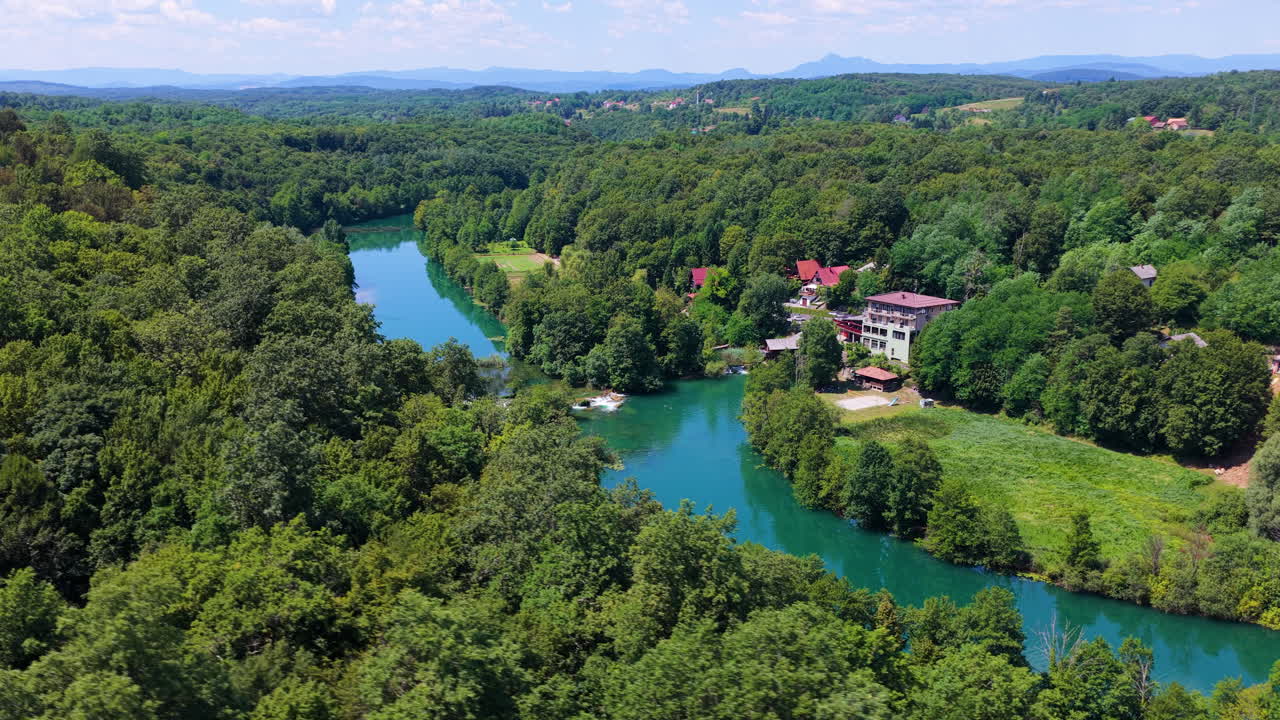 Dense Greenery Nature Landscape Along The Mreznica River In Croatia. Aerial Drone Shot