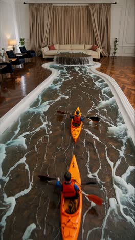 kayakers navigating through ornate living room's flowing river, merging domestic sophistication with adventurous landscape in unexpected surreal composition