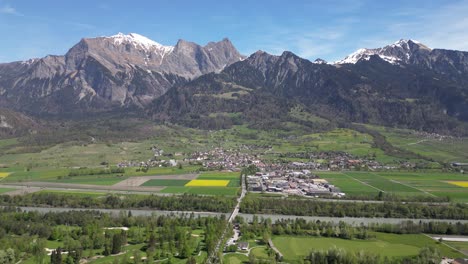 An-aerial-perspective-reveals-the-awe-inspiring-Swiss-mountain-range-and-the-valley-near-Bad-Ragaz-in-St