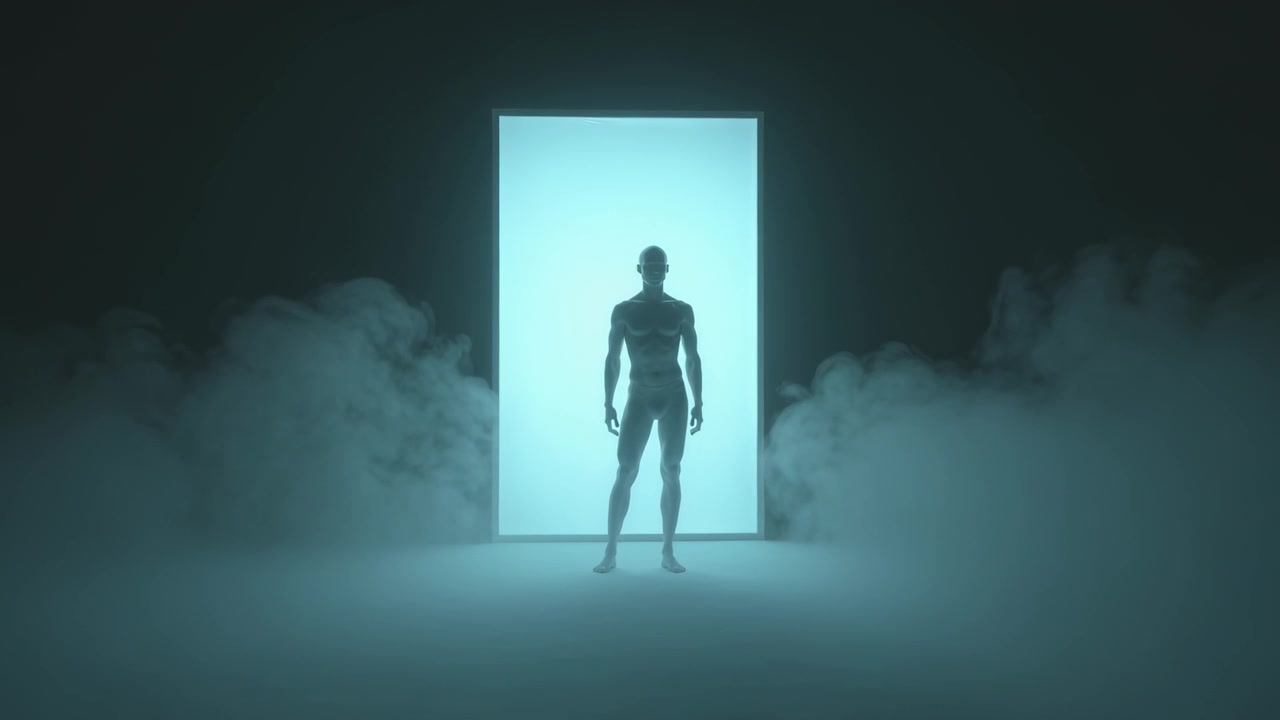 Homme à contre-jour en combinaison moulante sur scène, du brouillard s'avançant et révélant une porte éclairée.