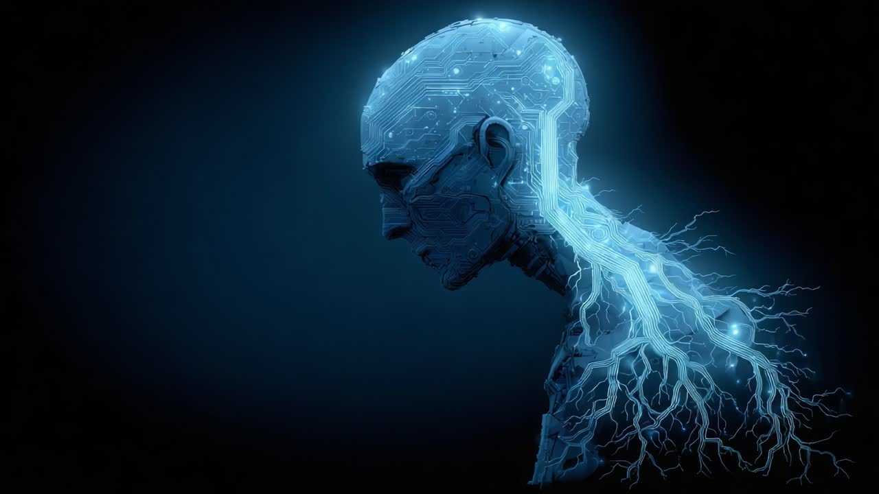 Exploring the Intersection of Humanity and Technology: A Futuristic Representation of a Digital Being Merging with Circuitry and Neural Connections