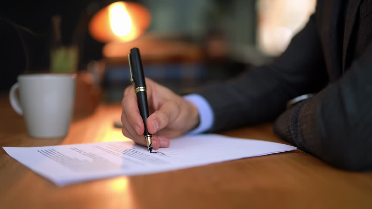 Video ravvicinato di una mano che firma un documento su una scrivania di legno, ripreso da un'angolazione laterale